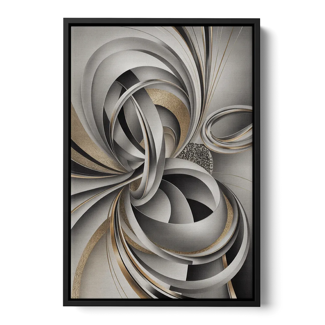 Opulent Geometric Flow Grey and Silver Abstract - Black Frame Canvas