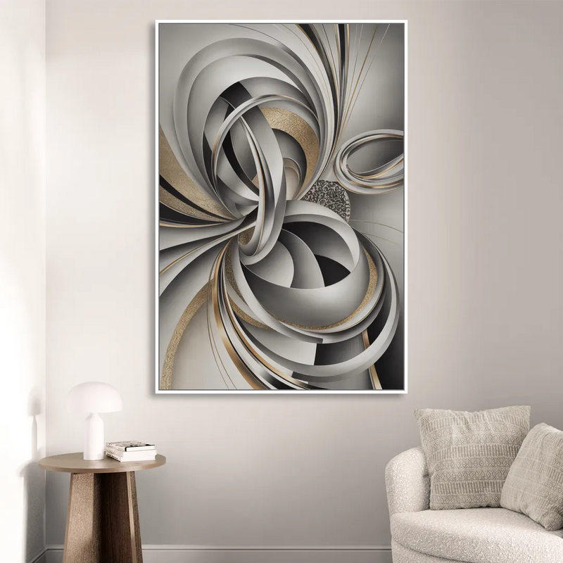 Opulent Geometric Flow Grey and Silver Abstract Sitting Room - White Canvas Wall Art