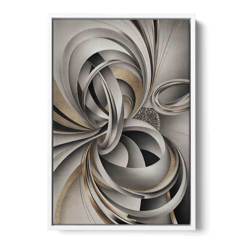 Opulent Geometric Flow Grey and Silver Abstract Front - White Canvas Wall Art