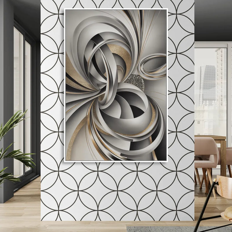 Opulent Geometric Flow Grey and Silver Abstract Living Room - White Canvas Wall Art