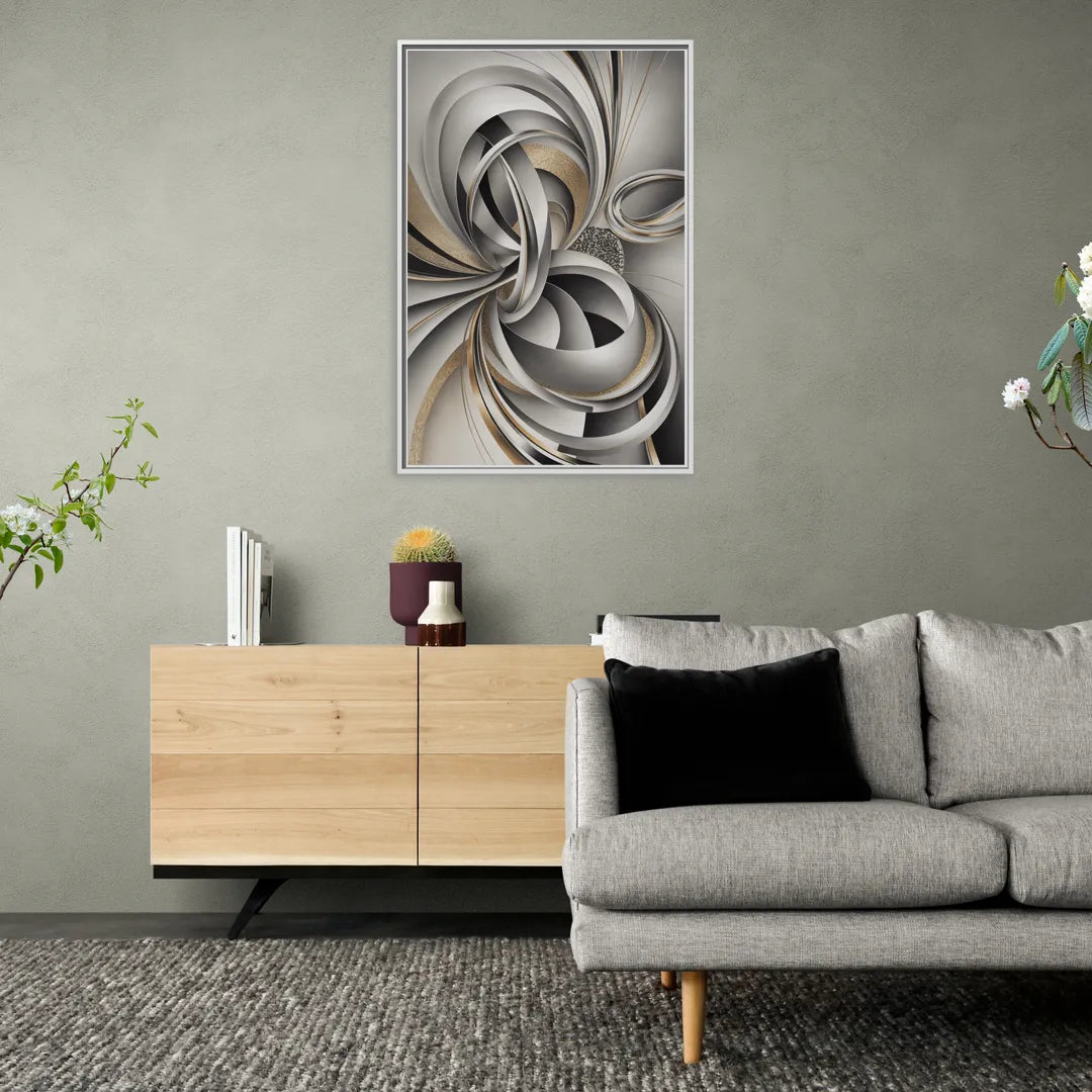 Opulent Geometric Flow Grey and Silver Abstract - Living Room White Frame Canvas