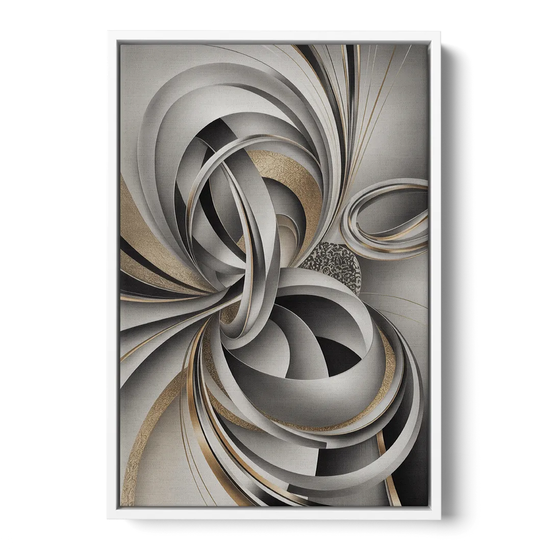 Opulent Geometric Flow Grey and Silver Abstract - White Frame Canvas