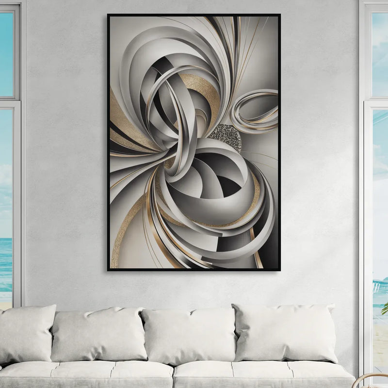 Opulent Geometric Flow Grey and Silver Abstract Living Room - Black Canvas Wall Art