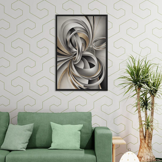 Opulent Geometric Flow Grey and Silver Abstract - Living Room Black Frame Canvas