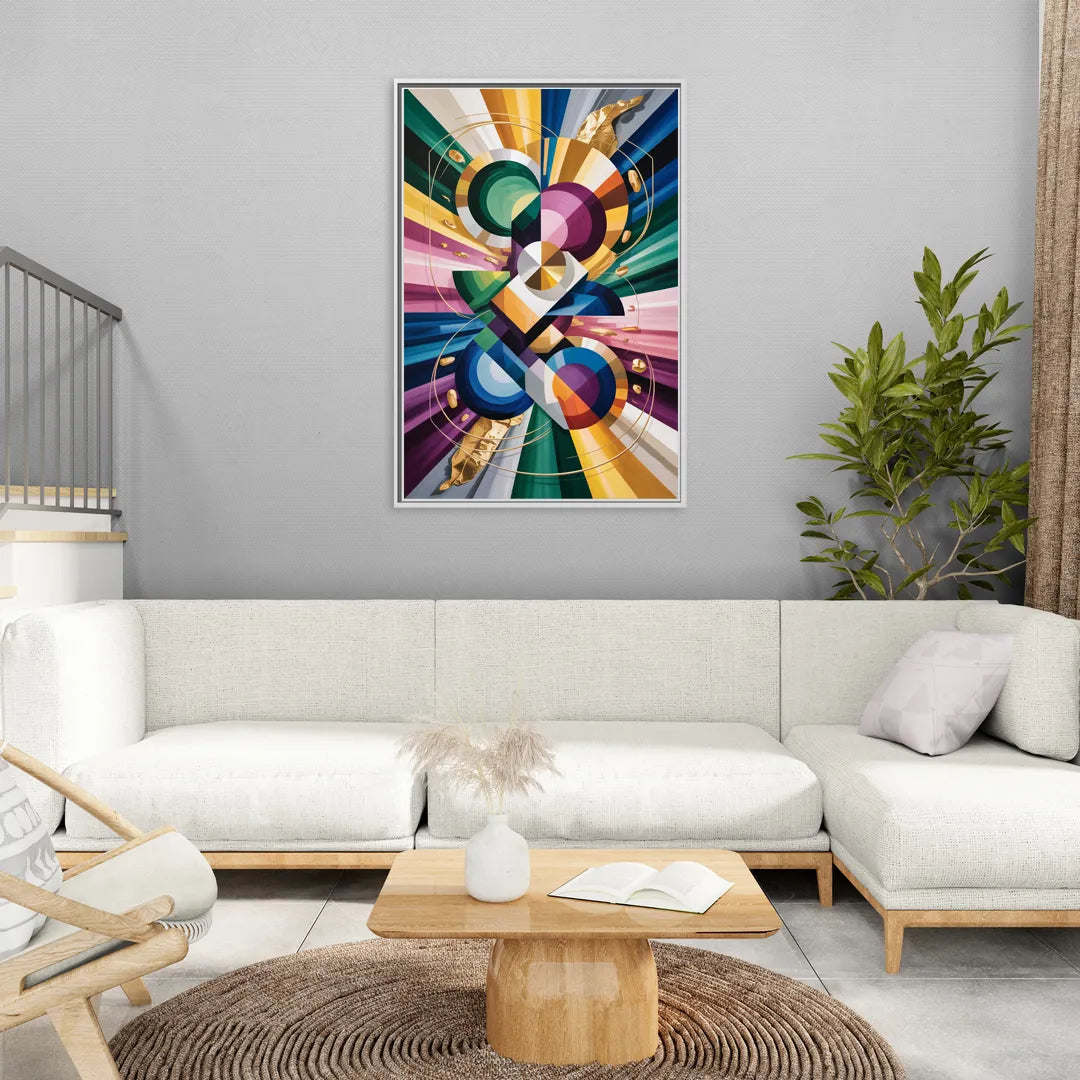 Opulent Geometric Symphony Colorful Abstract - Living Room White Frame Canvas