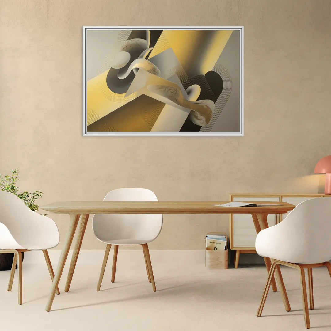Opulent Geometrics Yellow and Grey Abstract - Living Room White Frame Canvas