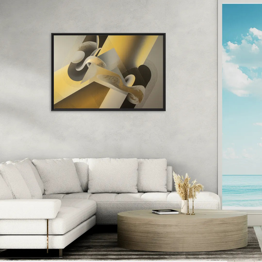 Opulent Geometrics Yellow and Grey Abstract - Living Room Black Frame Canvas