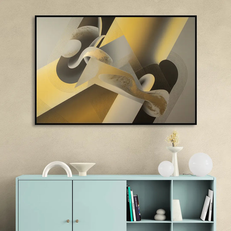 Opulent Geometrics Yellow and Grey Abstract Living Room - Black Canvas Wall Art