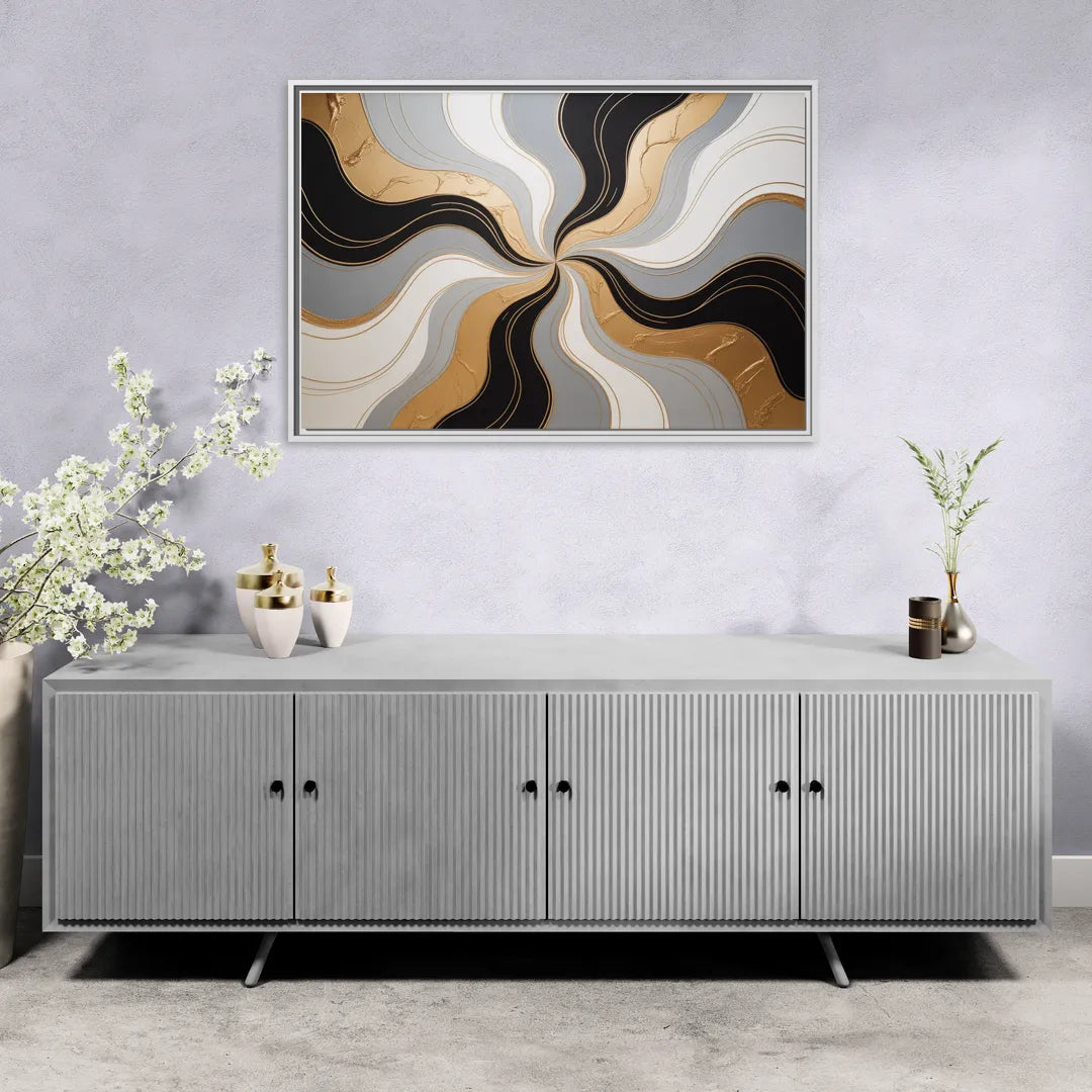 Opulent Geometry Black White and Gold Abstract - Living Room White Frame Canvas
