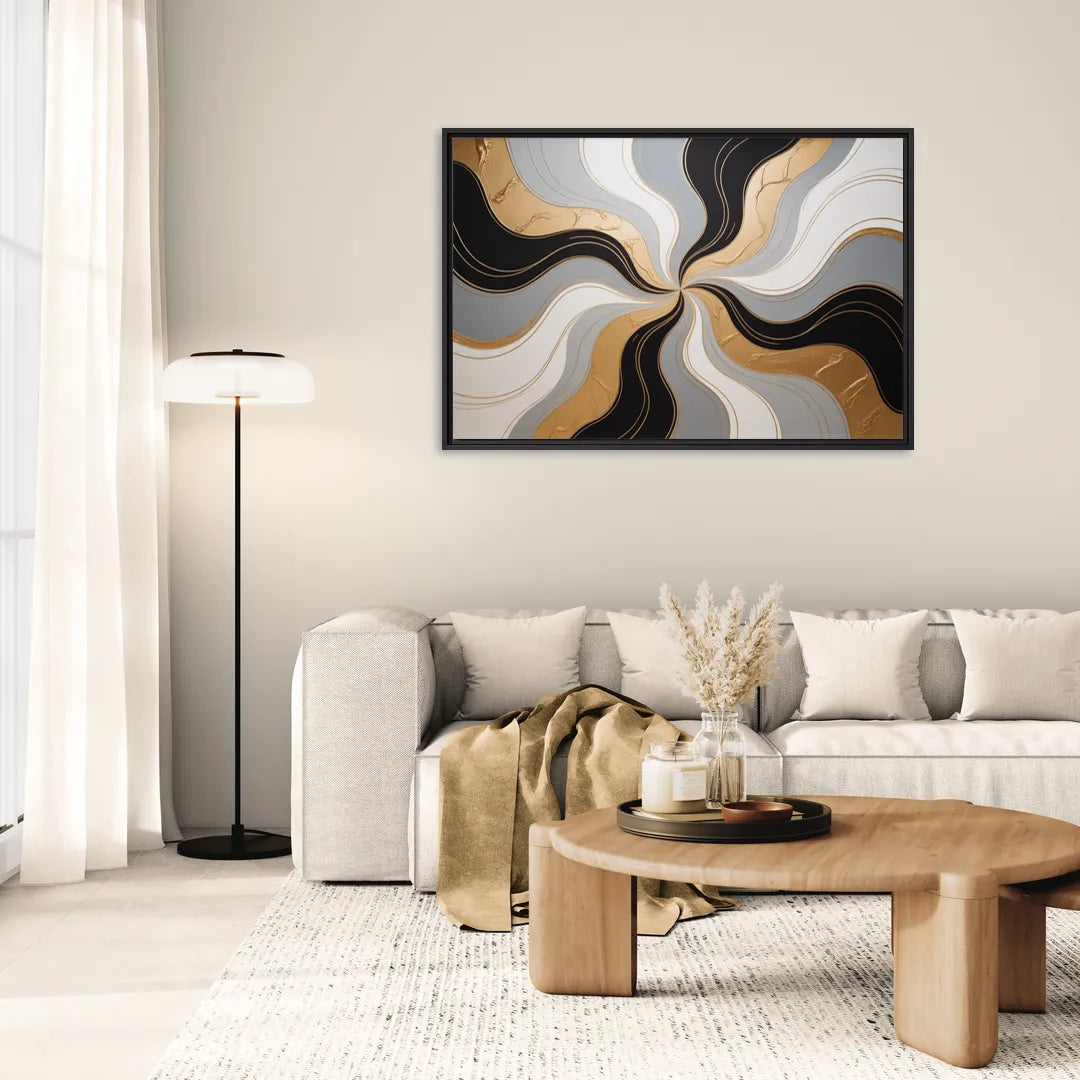 Opulent Geometry Black White and Gold Abstract - Living Room Black Frame Canvas
