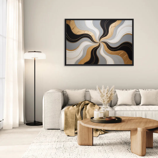 Opulent Geometry Black White and Gold Abstract - Living Room Black Frame Canvas