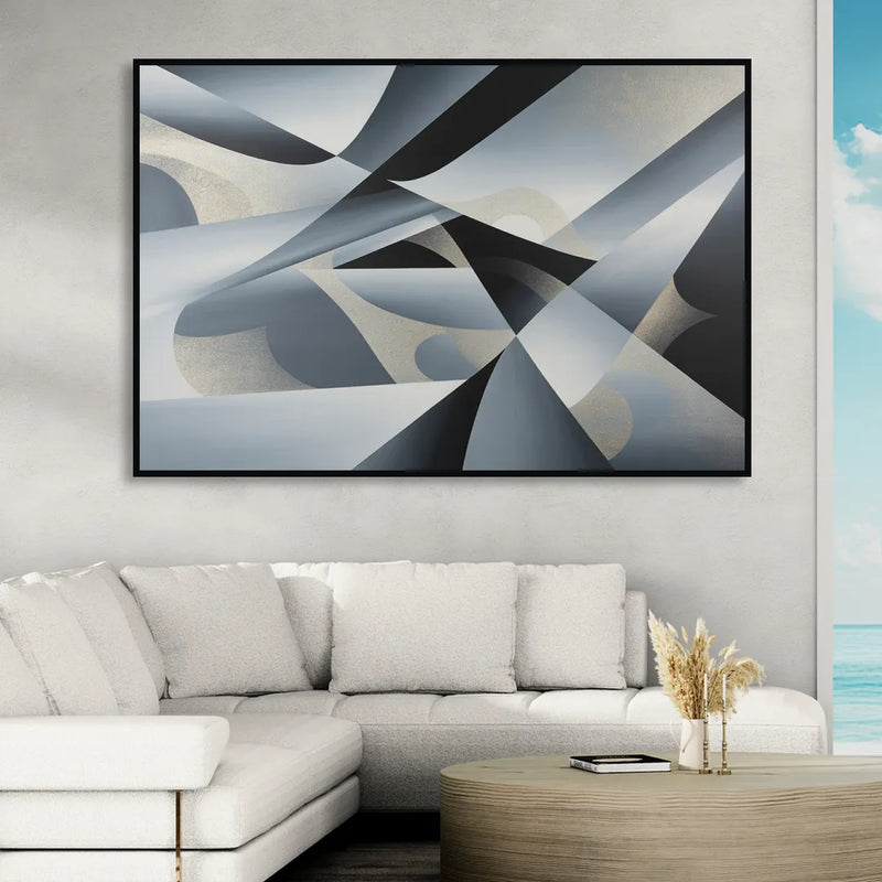 Opulent Geometry Grey and Silver Abstract Living Room - Black Canvas Wall Art