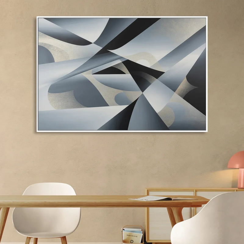 Opulent Geometry Grey and Silver Abstract Living Room - White Canvas Wall Art