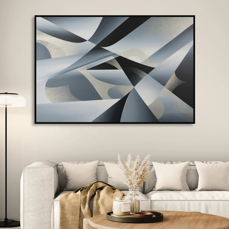 Opulent Geometry Grey and Silver Abstract Sitting Room - Black Canvas Wall Art