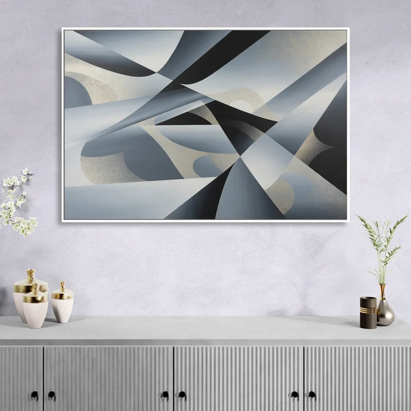 Opulent Geometry Grey and Silver Abstract Sitting Room - White Canvas Wall Art