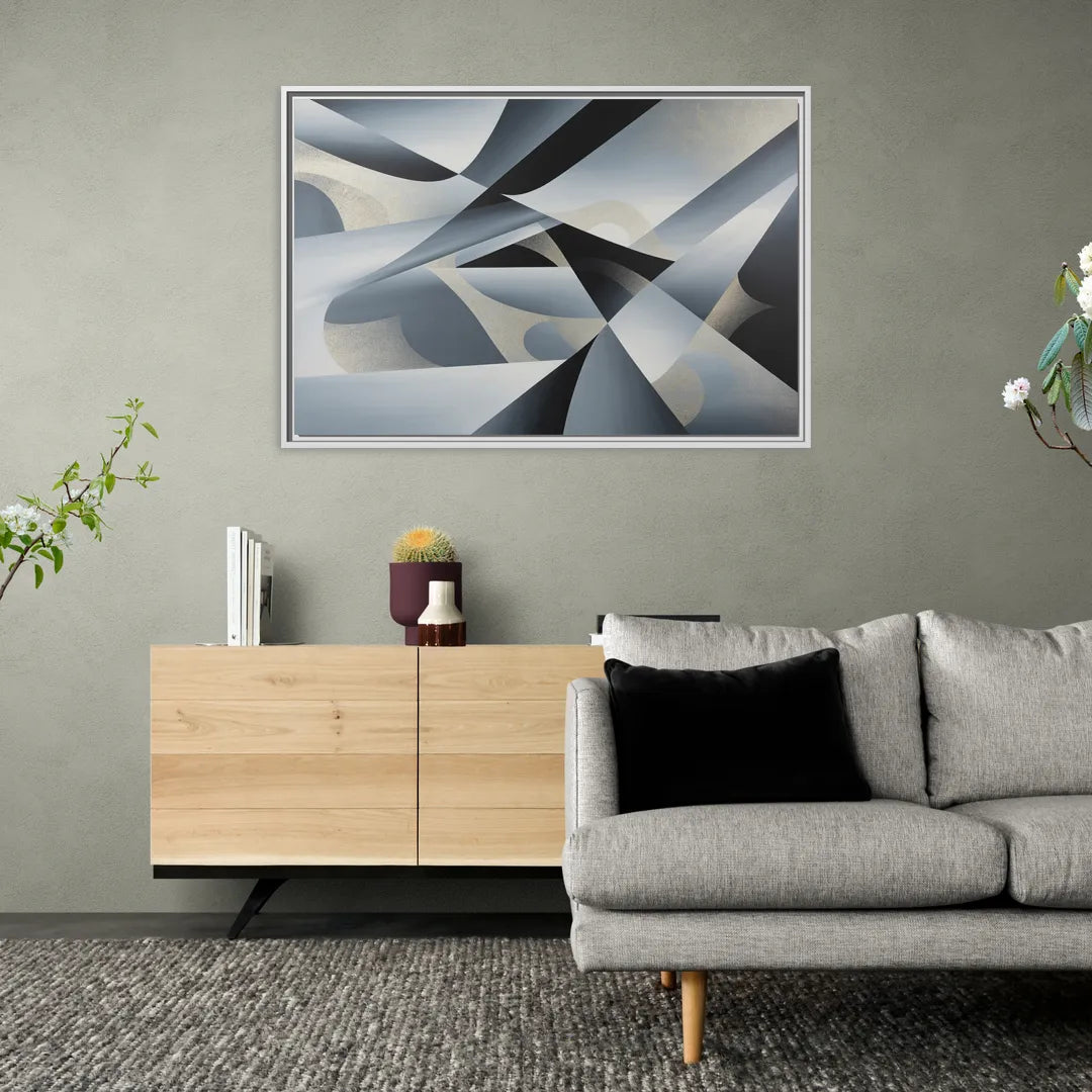 Opulent Geometry Grey and Silver Abstract - Living Room White Frame Canvas