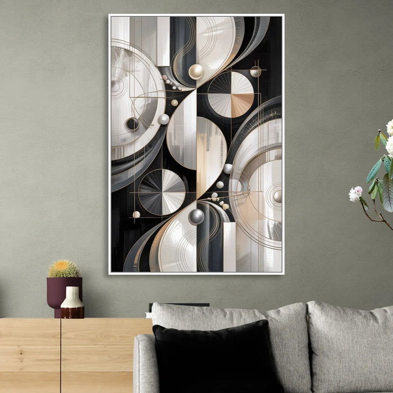 Opulent Geometry Grey and White Abstract Sitting Room - White Canvas Wall Art