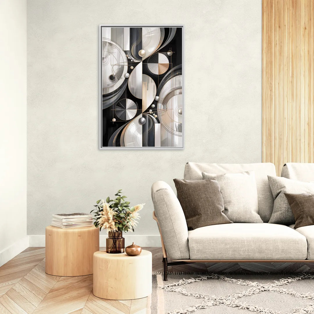 Opulent Geometry Grey and White Abstract - Living Room White Frame Canvas