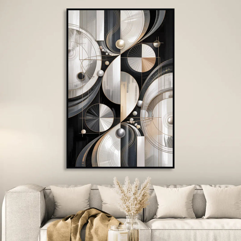 Opulent Geometry Grey and White Abstract Living Room - Black Canvas Wall Art
