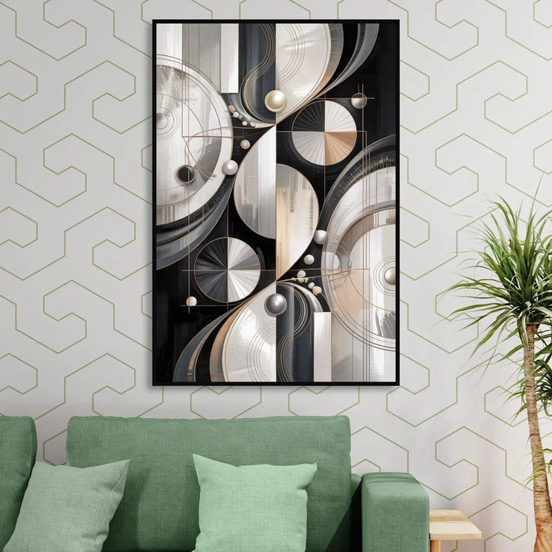 Opulent Geometry Grey and White Abstract Sitting Room - Black Canvas Wall Art