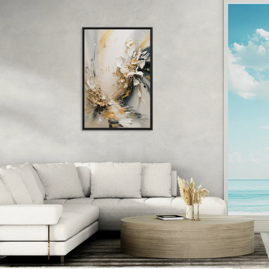 Opulent Gestures White and Gold - Living Room Black Frame Canvas