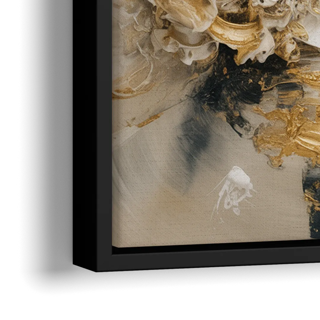 Opulent Gestures White and Gold - Close-Up Black Frame Canvas
