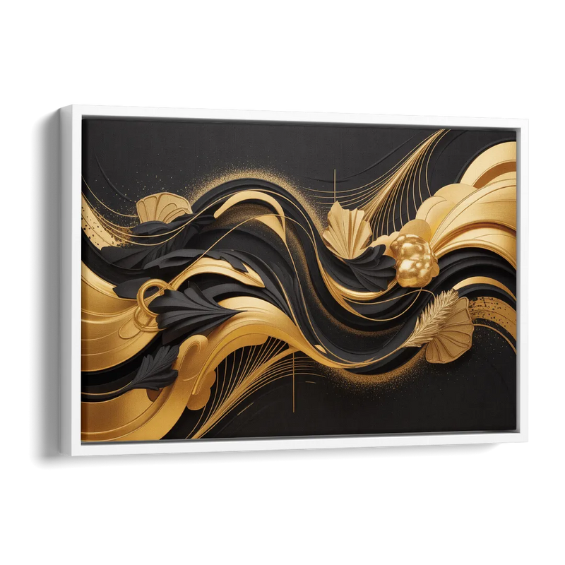 Opulent Harmony Black and Gold Abstract Side - White Canvas Wall Art