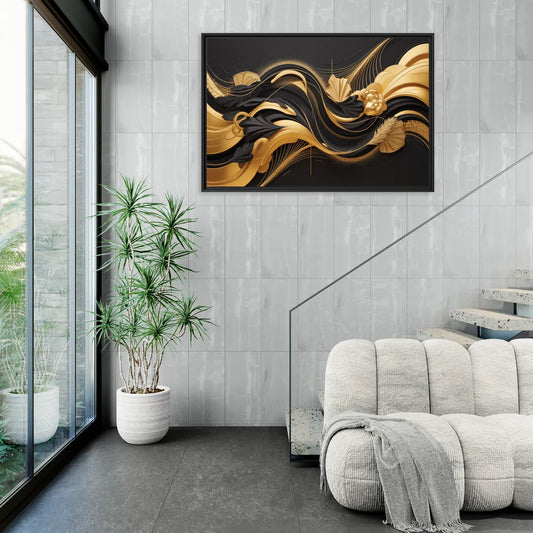 Opulent Harmony Black and Gold Abstract - Living Room Black Frame Canvas