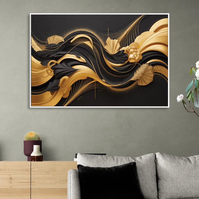 Opulent Harmony Black and Gold Abstract Sitting Room - White Canvas Wall Art