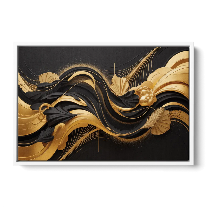 Opulent Harmony Black and Gold Abstract Front - White Canvas Wall Art