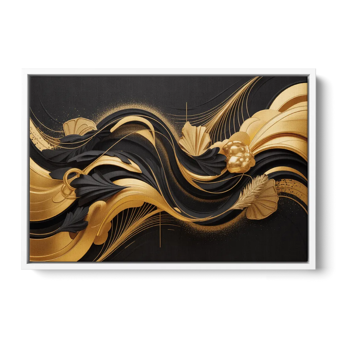 Opulent Harmony Black and Gold Abstract - White Frame Canvas