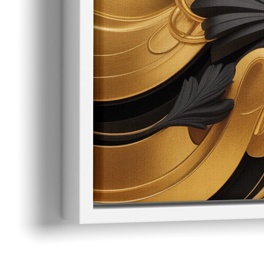 Opulent Harmony Black and Gold Abstract - Close-Up White Frame Canvas