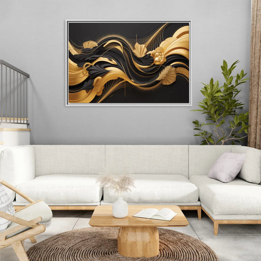 Opulent Harmony Black and Gold Abstract - Living Room White Frame Canvas