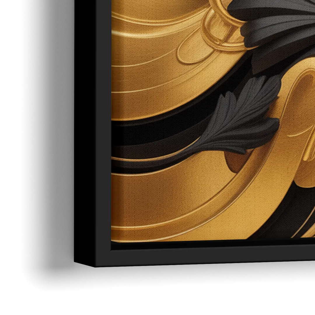 Opulent Harmony Black and Gold Abstract - Close-Up Black Frame Canvas