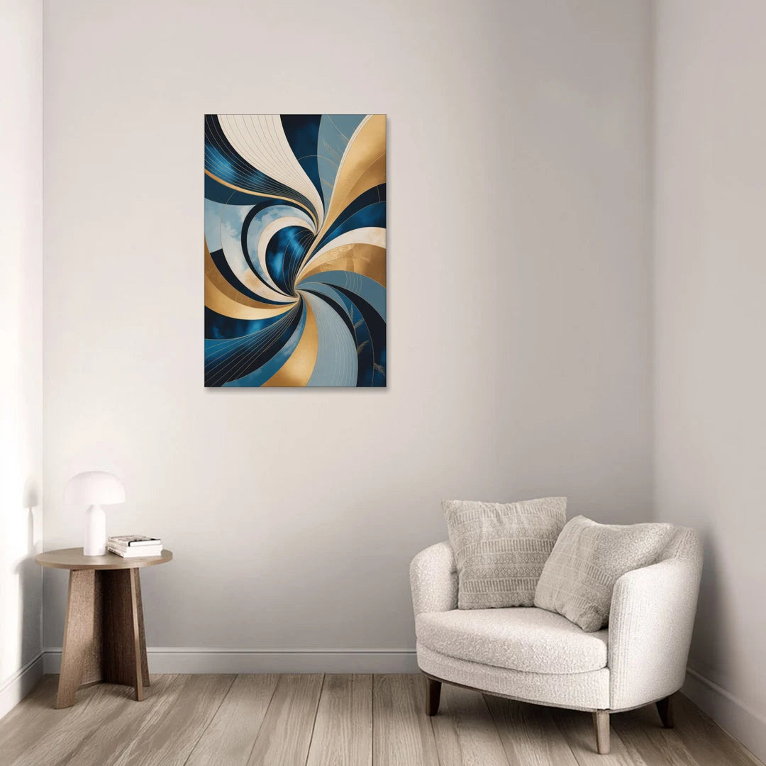 Opulent Harmony Blue and Gold Abstract - Canvas Wall Art - Sofa - 24x36