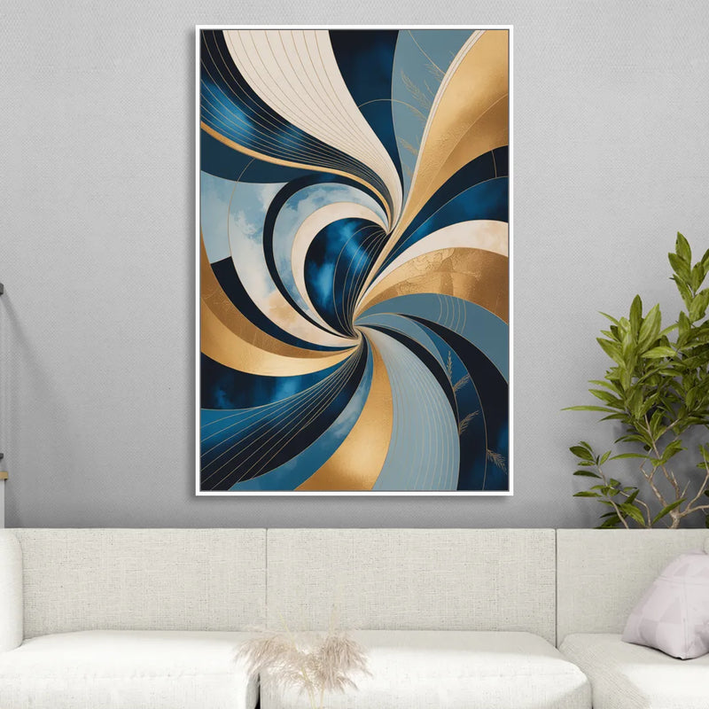 Opulent Harmony Blue and Gold Abstract Living Room - White Canvas Wall Art