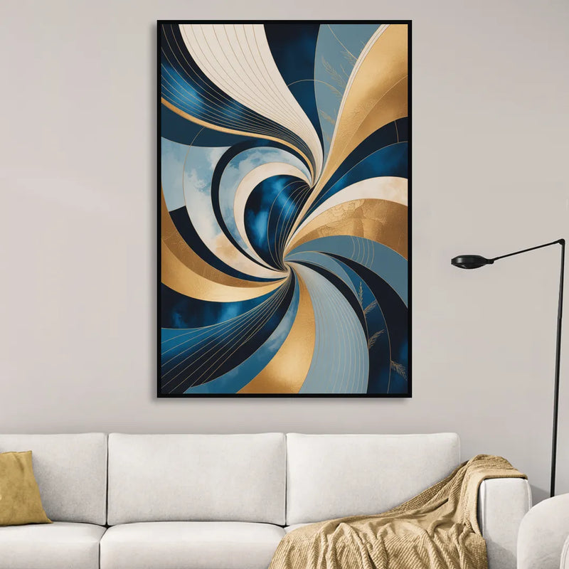Opulent Harmony Blue and Gold Abstract Sitting Room - Black Canvas Wall Art