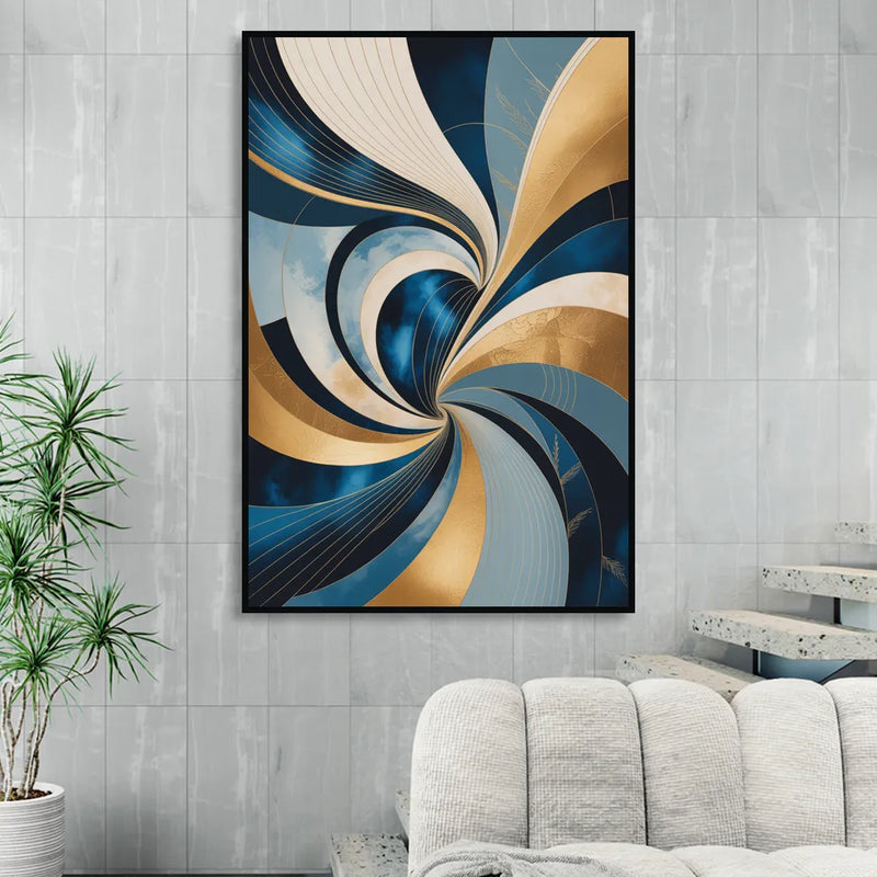 Opulent Harmony Blue and Gold Abstract Living Room - Black Canvas Wall Art