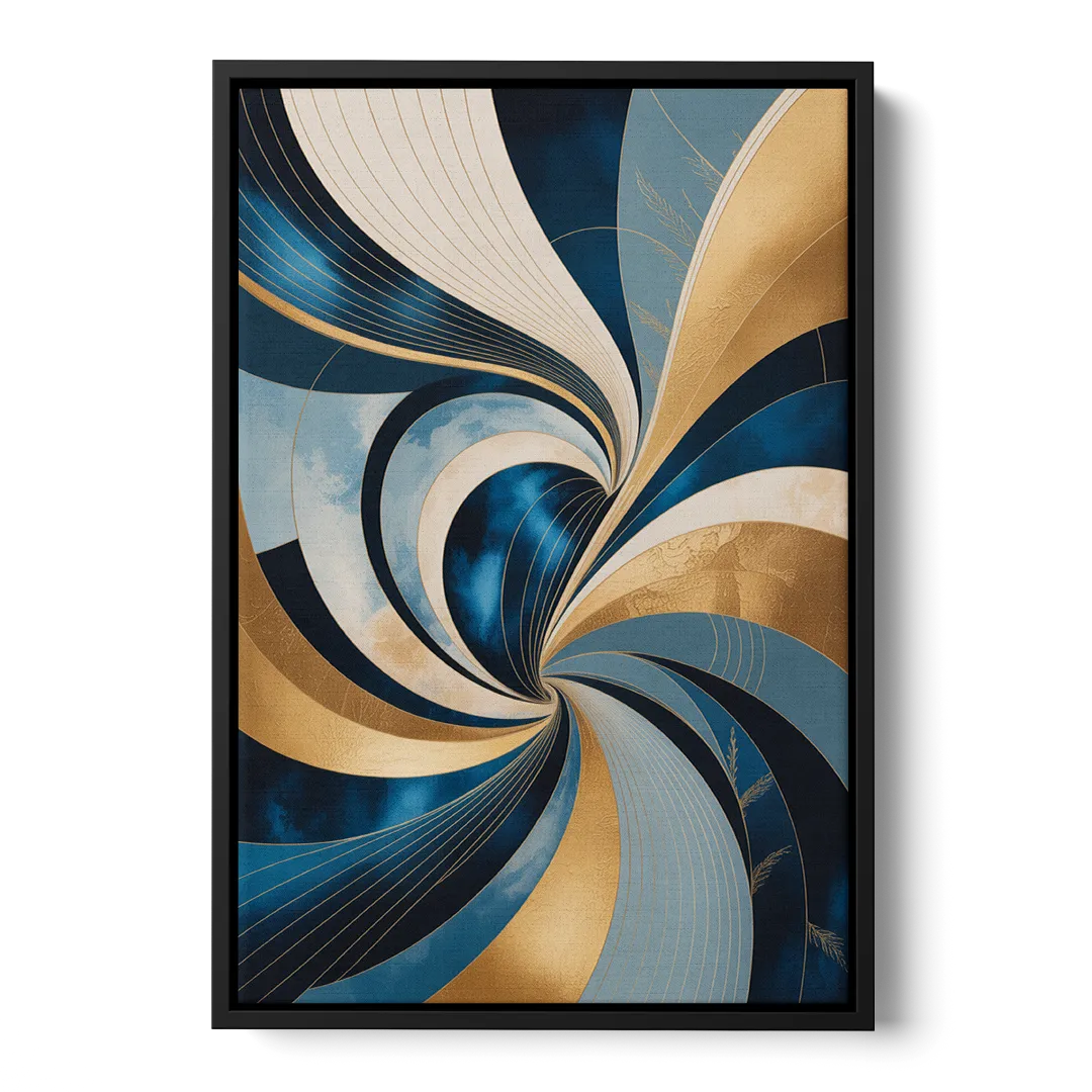 Opulent Harmony Blue and Gold Abstract - Black Frame Canvas
