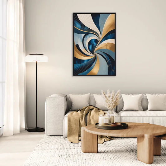 Opulent Harmony Blue and Gold Abstract - Living Room Black Frame Canvas