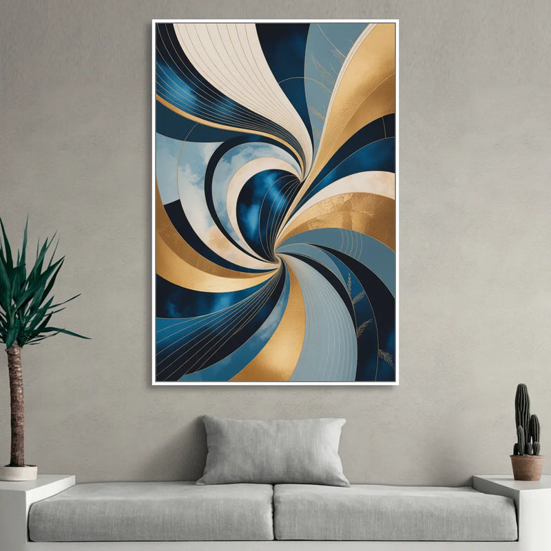 Opulent Harmony Blue and Gold Abstract Sitting Room - White Canvas Wall Art