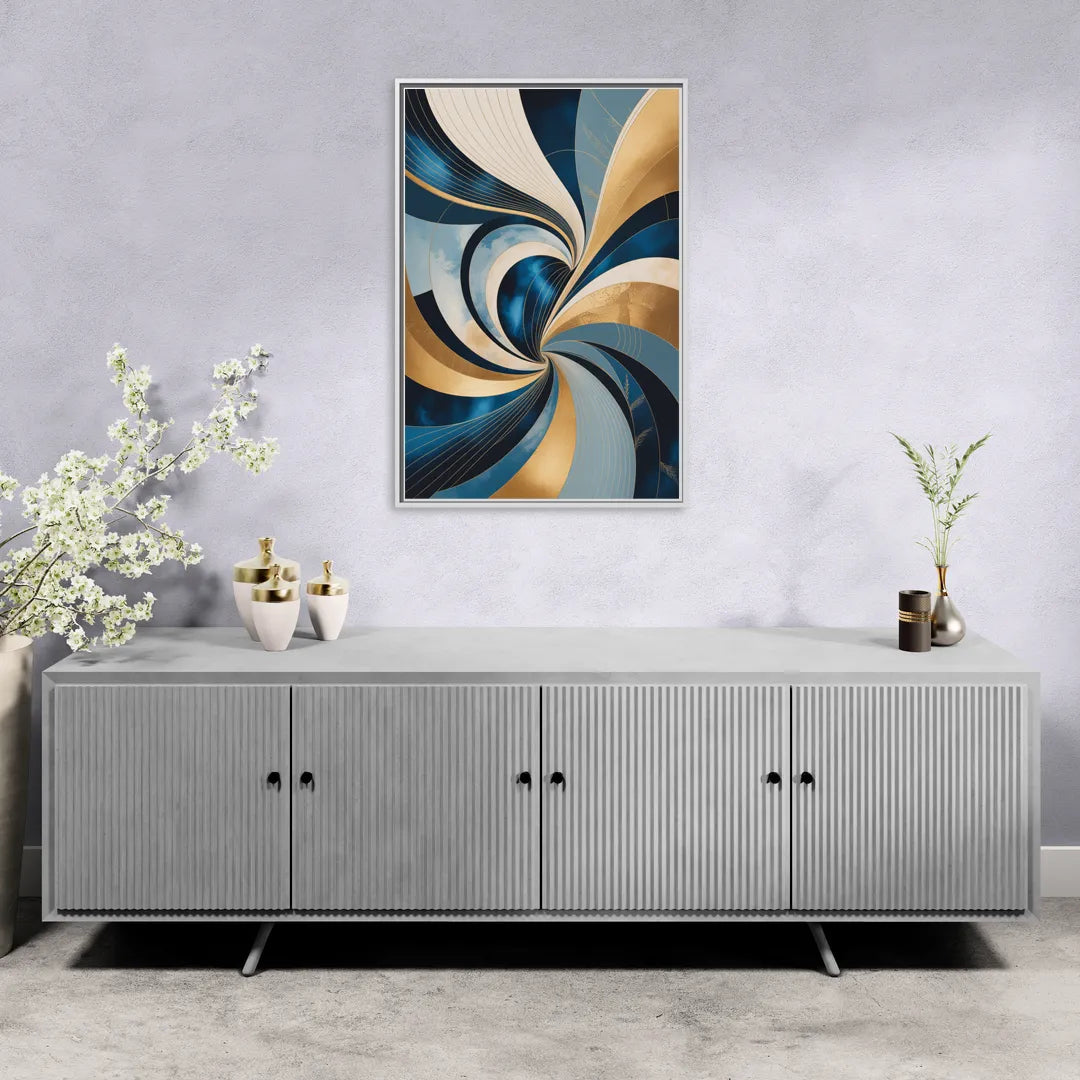 Opulent Harmony Blue and Gold Abstract - Living Room White Frame Canvas