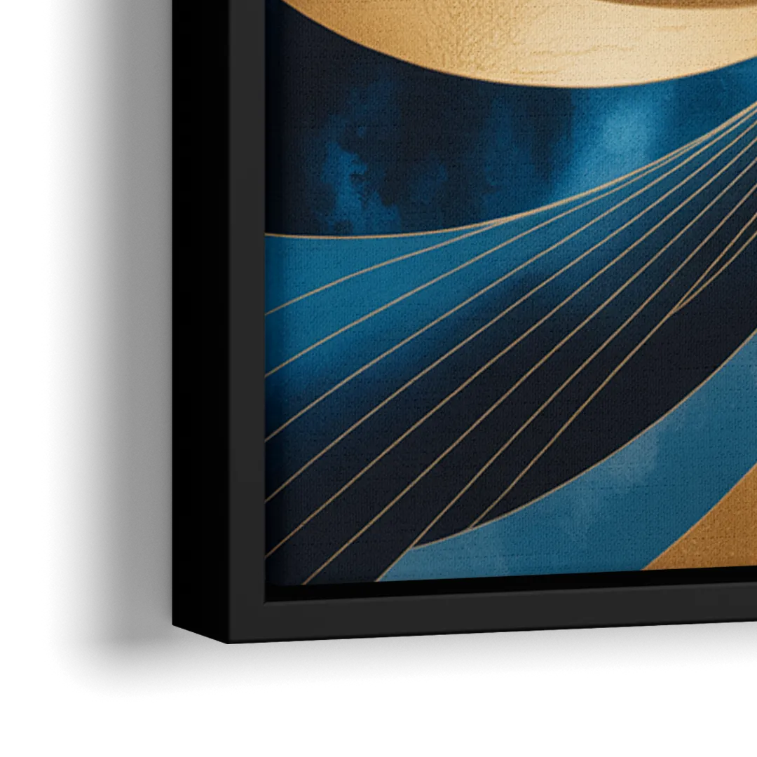 Opulent Harmony Blue and Gold Abstract - Close-Up Black Frame Canvas