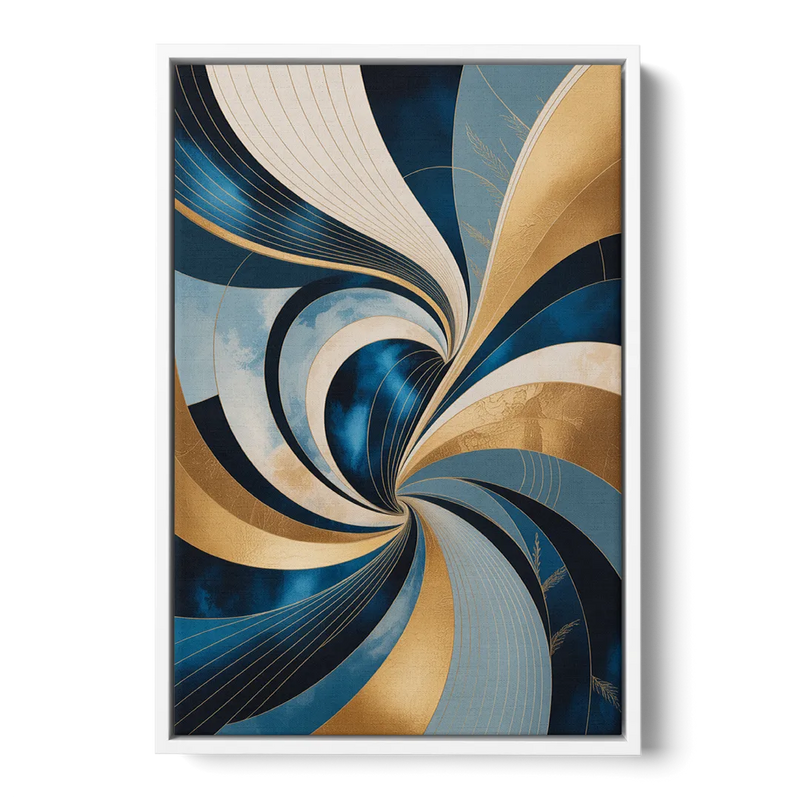 Opulent Harmony Blue and Gold Abstract Front - White Canvas Wall Art