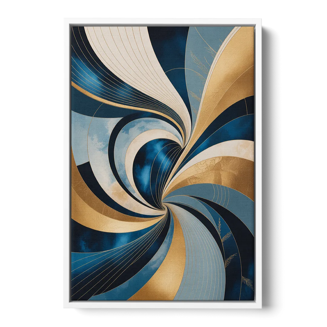 Opulent Harmony Blue and Gold Abstract - White Frame Canvas