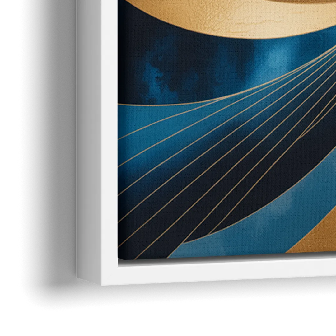 Opulent Harmony Blue and Gold Abstract - Close-Up White Frame Canvas