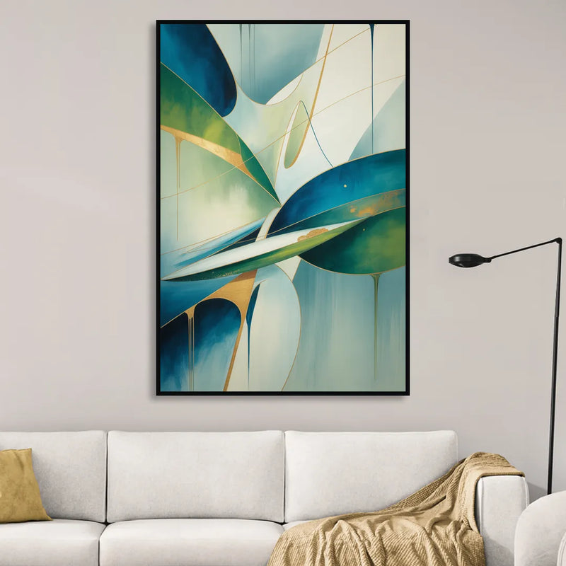 Opulent Harmony Blue and Green Abstract Living Room - Black Canvas Wall Art