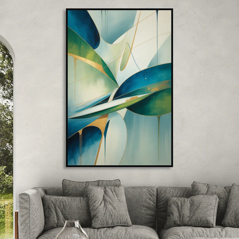 Opulent Harmony Blue and Green Abstract Sitting Room - Black Canvas Wall Art