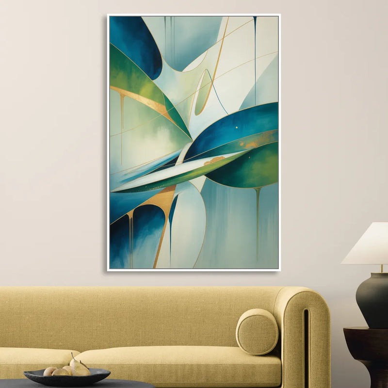 Opulent Harmony Blue and Green Abstract Sitting Room - White Canvas Wall Art