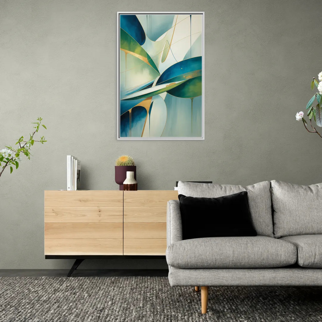 Opulent Harmony Blue and Green Abstract - Living Room White Frame Canvas